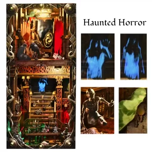 Bloody Hotel DIY Book Nook Kit details: ghost projection, zombie figures, and haunted house stairs.