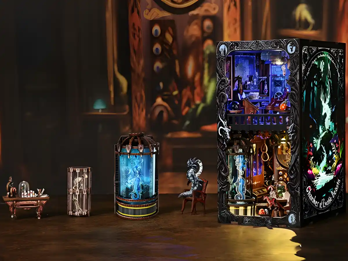 Two DIY Book Nook Kit models, including the Bloody Hotel, displayed with accessories.