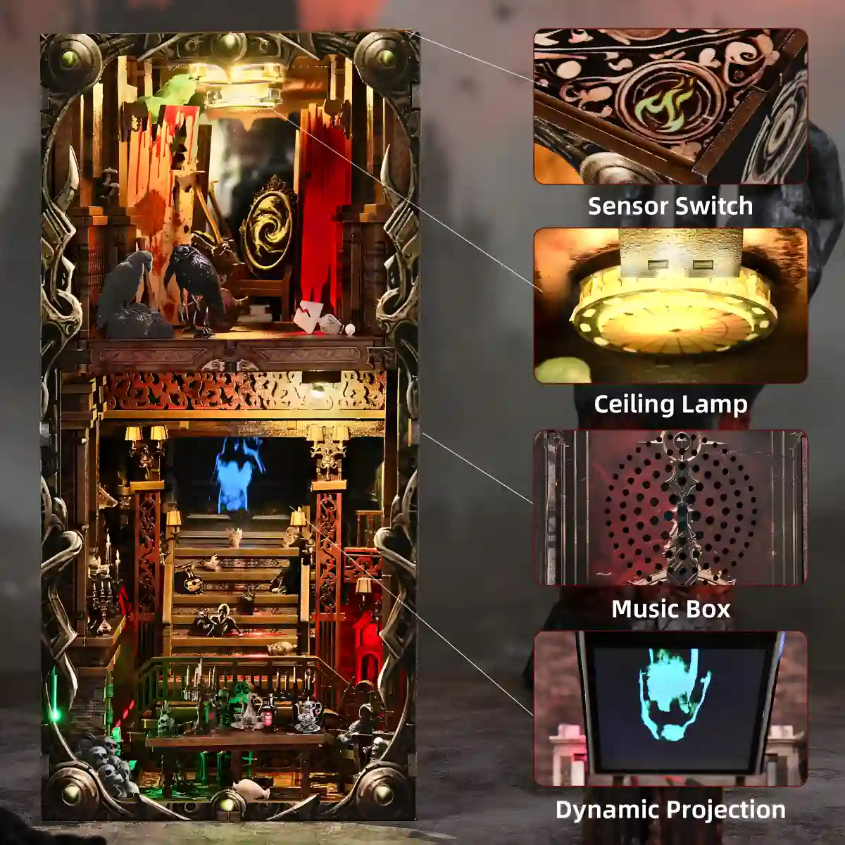 Bloody Hotel features: Sensor Switch, Ceiling Lamp, Music Box, and Dynamic Projection.