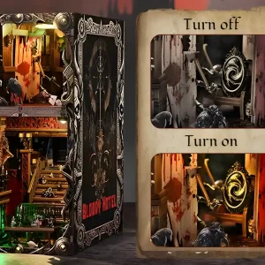 Bloody Hotel lighting display: on and off comparison of the horror diorama interior.