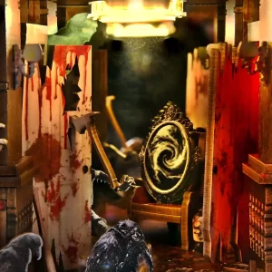 Gothic miniature interior: blood-stained wall, spooky mirror, and axe details.