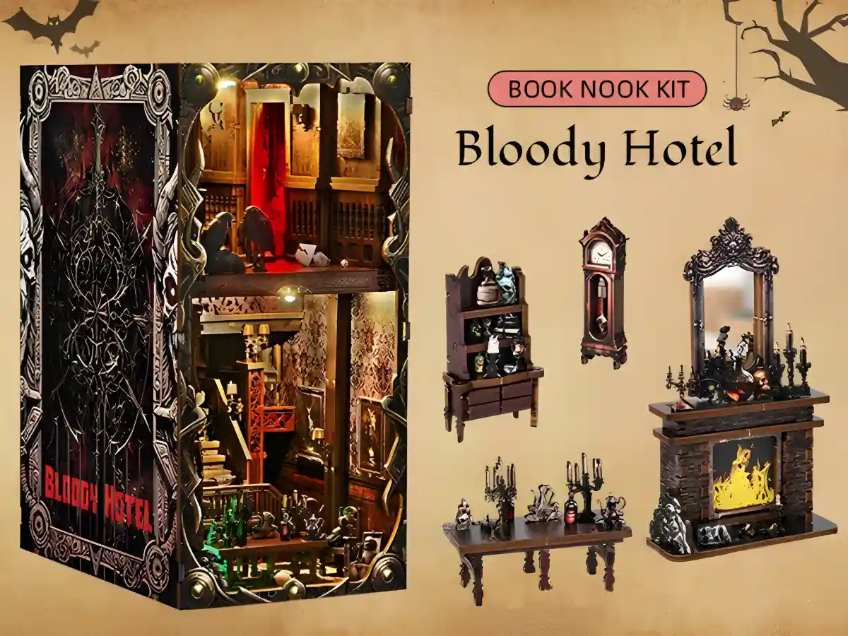Bloody Hotel DIY Book Nook Kit product details with Gothic miniature furniture accessories.
