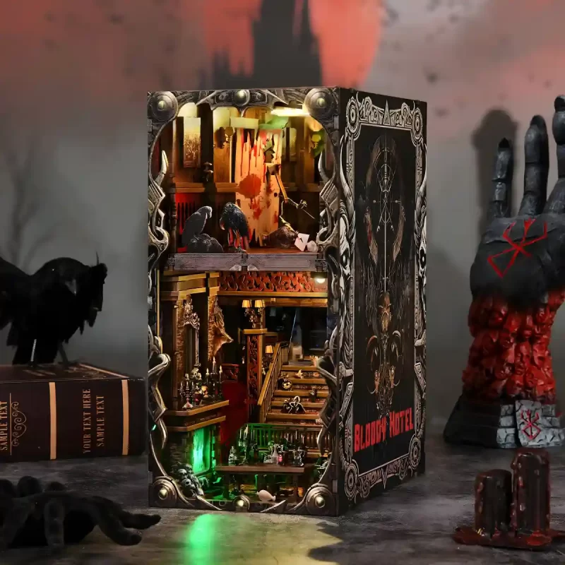 Assembled Bloody Hotel DIY Book Nook Kit with crow, spider, and dark fantasy aesthetic props.