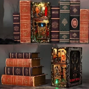 Bloody Hotel book nook scene display on a shelf with classic antique books.