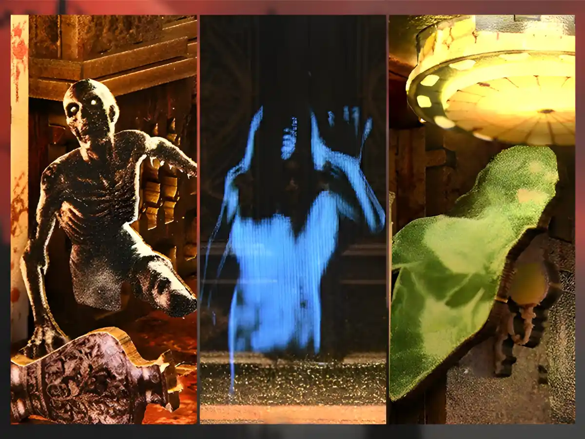 Bloody Hotel DIY Book Nook Kit details: ghost projection, zombie figures, and haunted house stairs.