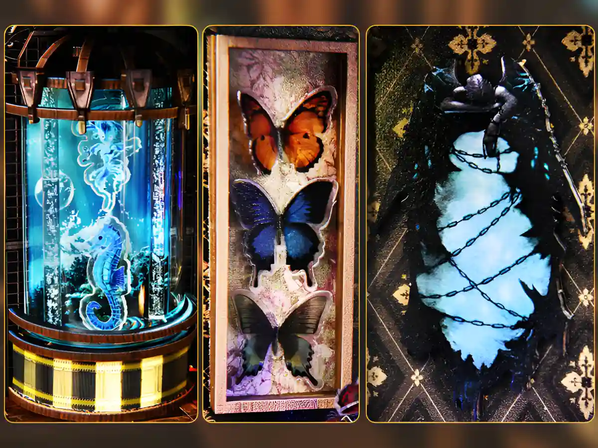 Glowing seahorse tank, butterfly display, chained creature, Magical DIY Kit close-up features.