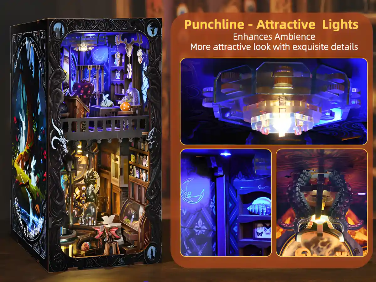 Chamber of Exotic Beasts book nook attractive lights, enhances old-world mystique ambiance.