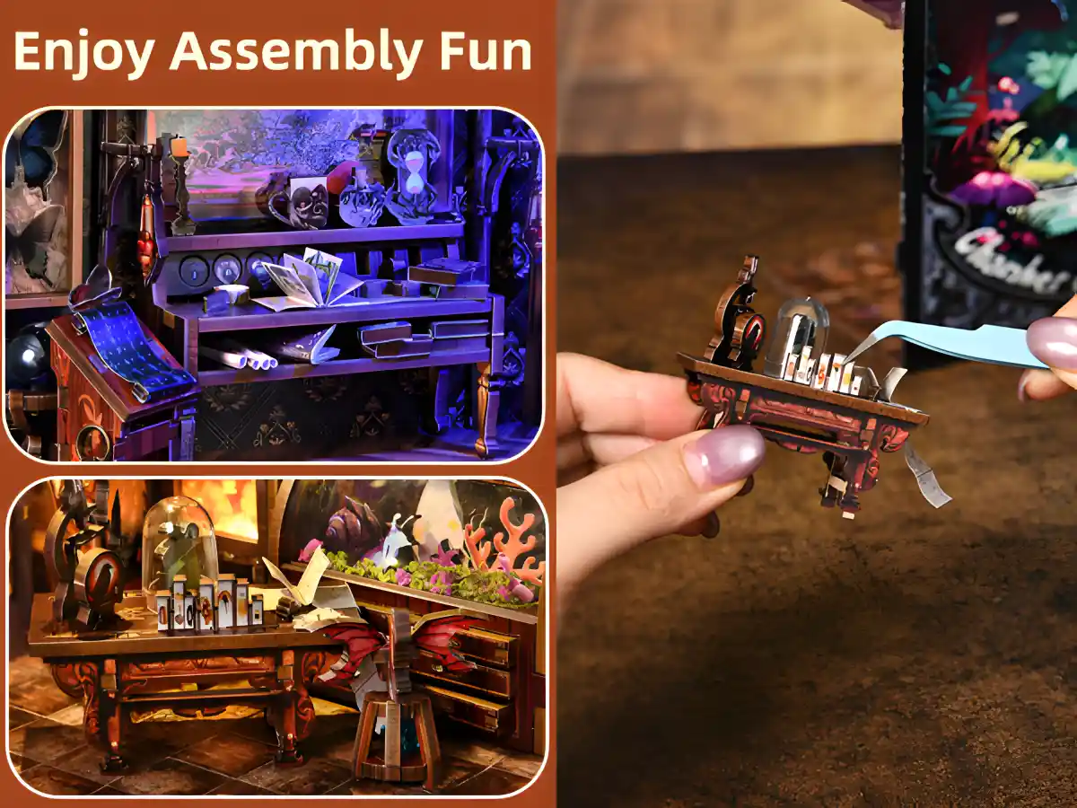 Magical DIY Kit assembly; hands assembling the intricate study desk miniature.