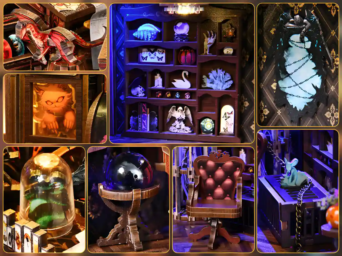 Close-up Gothic Fantasy Book Nook shelf, crystal ball, and framed exotic beasts.