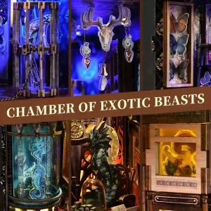 Exotic Beasts details: caged creature, seahorse tank, mythical creatures book nook close-up.
