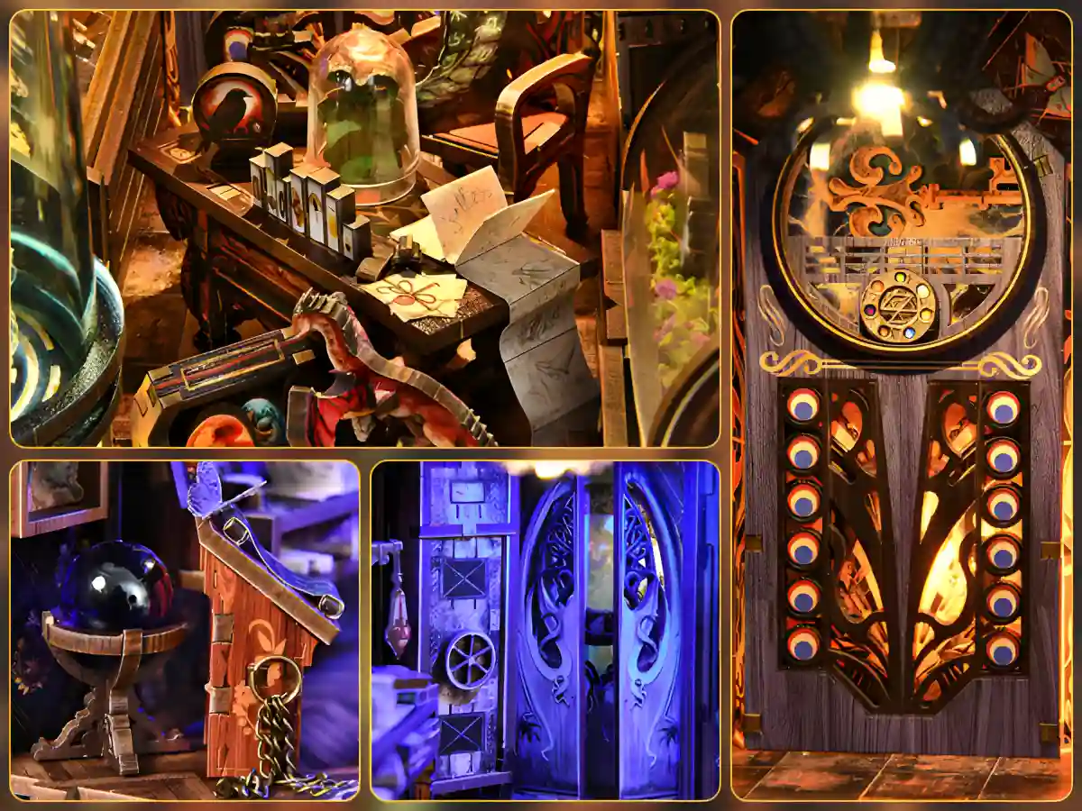 Mystery chamber details: ornate doors, desk setup, crystal globe, old-world mystique interior.