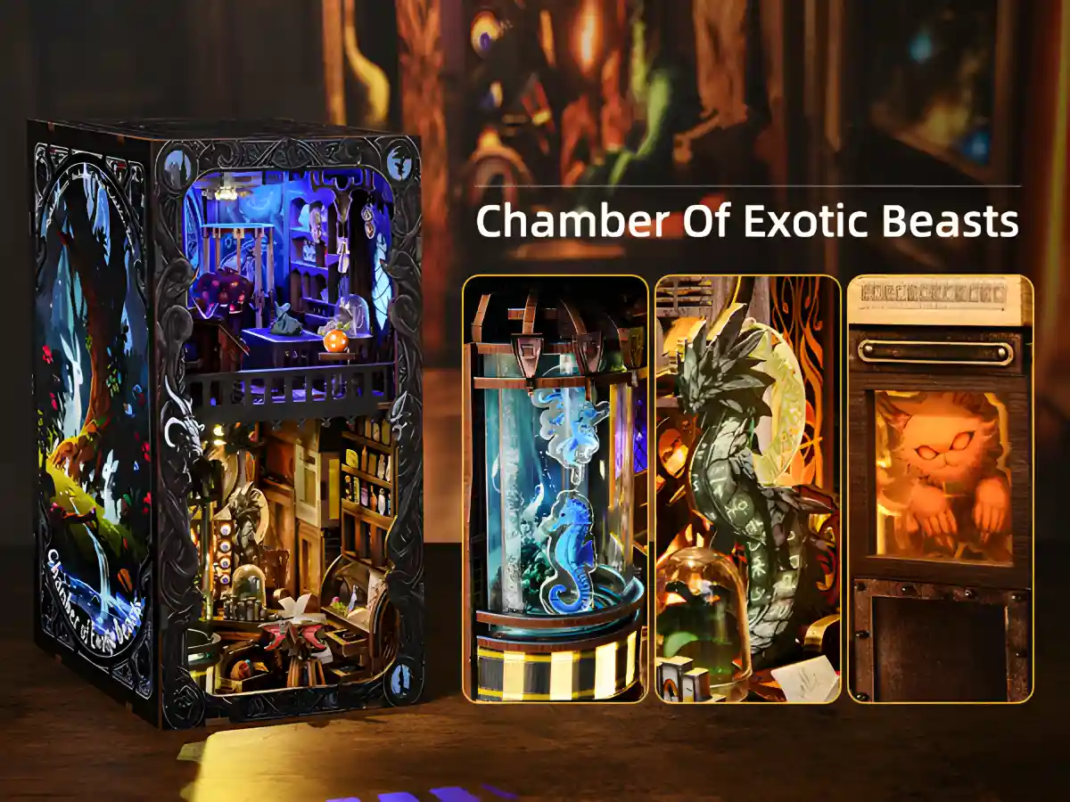 Chamber of Exotic Beasts book nook with illuminated seahorse and framed feline exotic beast.