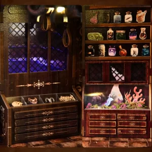 Detailed shelving unit in mystery chamber with specimen jars and framed exotic beasts.