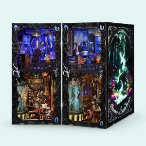 Front and side view of Chamber of Exotic Beasts book nook showing exotic beasts artwork.