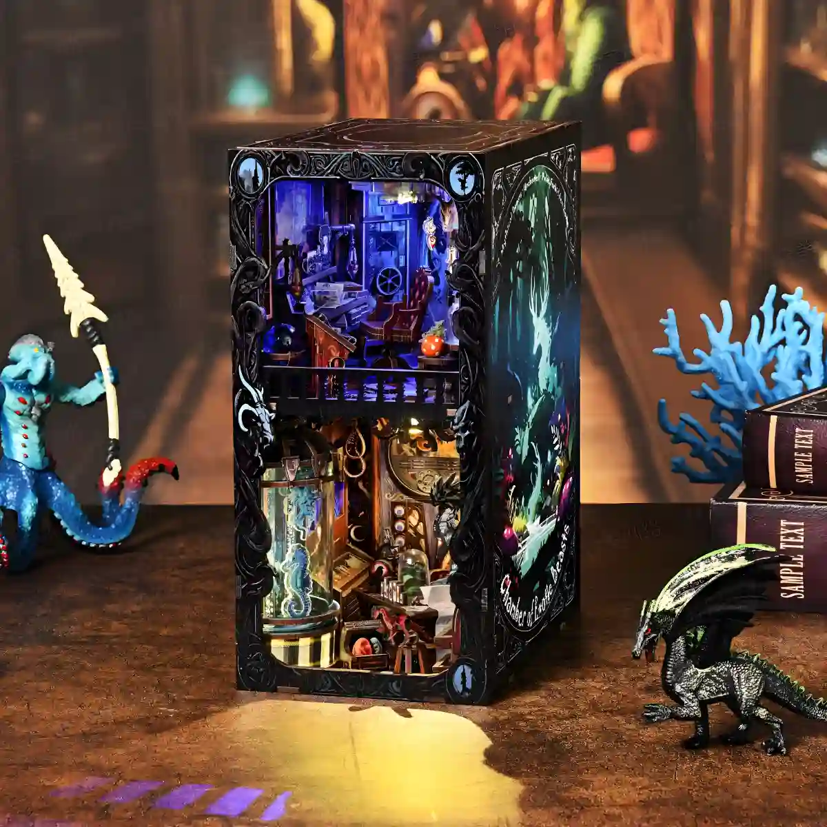 Mythical Creatures Book Nook front display with dragon and merman exotic beasts figures.