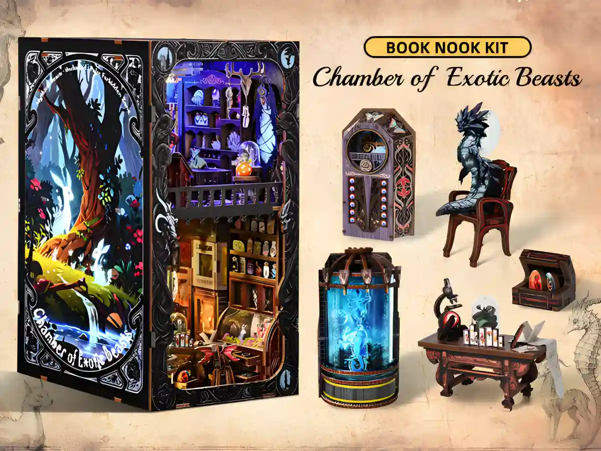 Gothic Fantasy Book Nook with detailed components: desk, chair, clock, and Exotic Beasts tank.