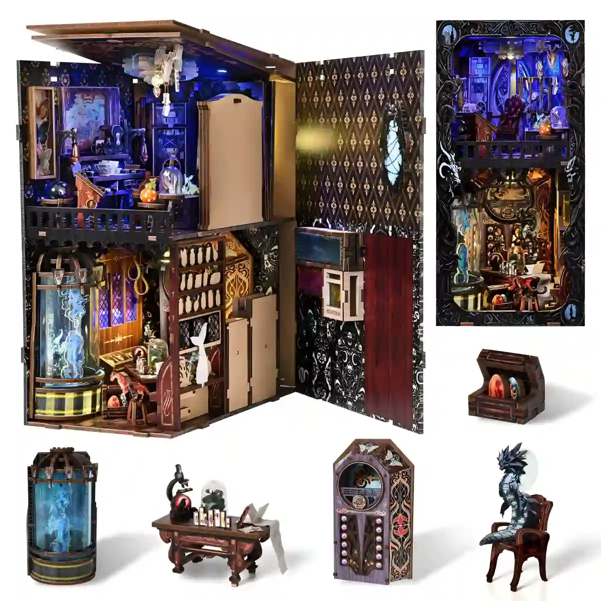 Chamber of Exotic Beasts book nook open view, two-story layout and component display.