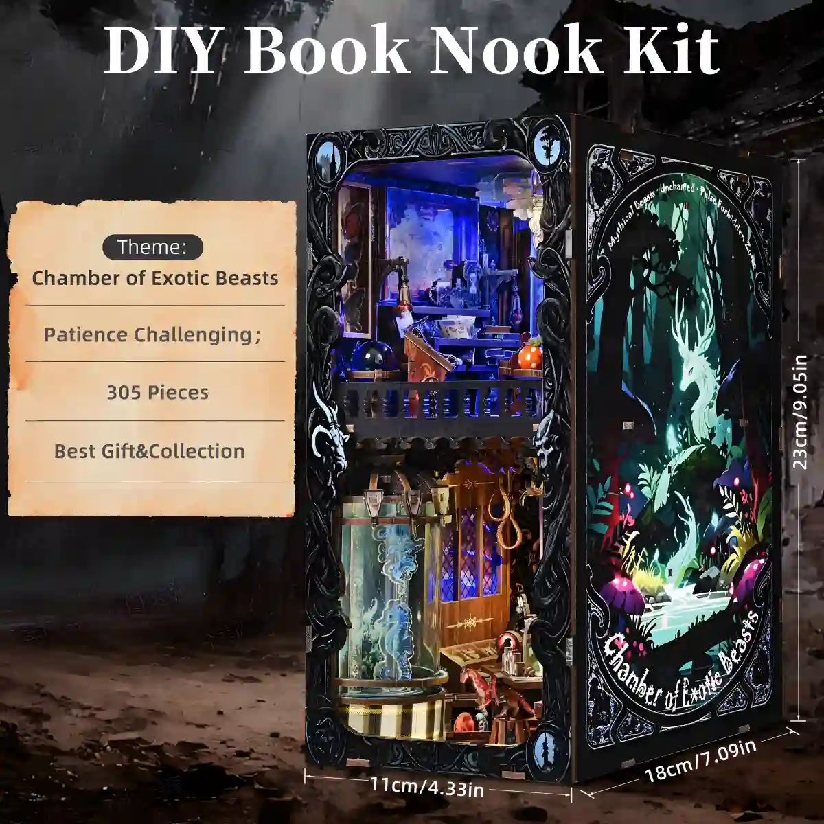 Size dimensions and 305-piece count for the Chamber of Exotic Beasts DIY Book Nook Kit.