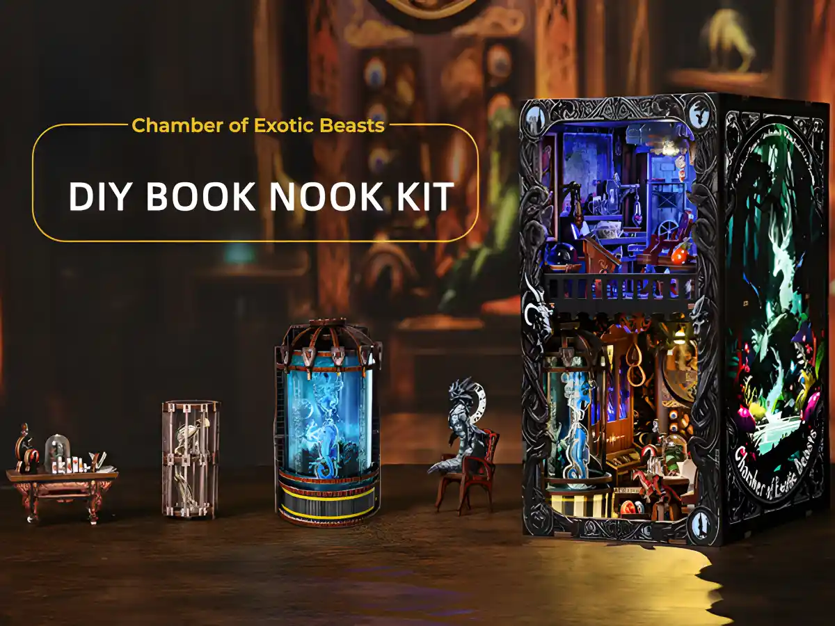 Chamber of Exotic Beasts DIY Book Nook Kit with illuminated core and miniature accessories.
