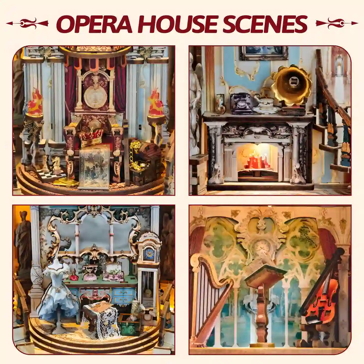 Dreamland Theater Book Nook four detail shots, Opera House Scenes, Vintage Palace Theater.