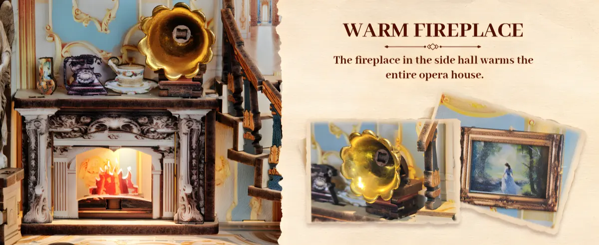 Warm fireplace, antique gramophone, Dreamland Theater Book Nook, side hall detail.