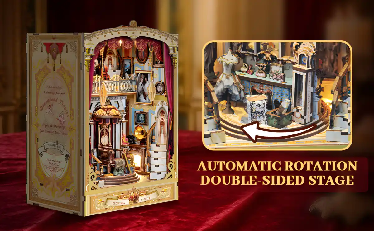 Rotating Dual-Scene Theater Book Nook Kit, automatic stage rotation, Vintage Palace DIY.