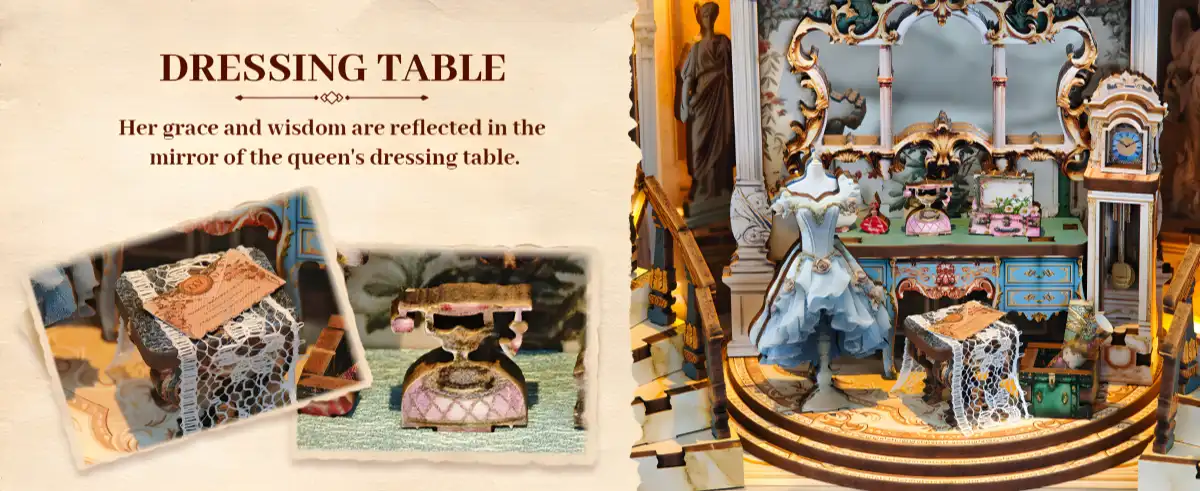 Queen's dressing table, Rotating Dual-Scene Theater Book Nook, miniature blue dress.