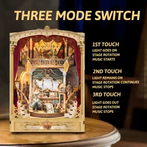 Three Mode Switch, rotating stage, lights, music, DIY Book Nook Kit functionality.