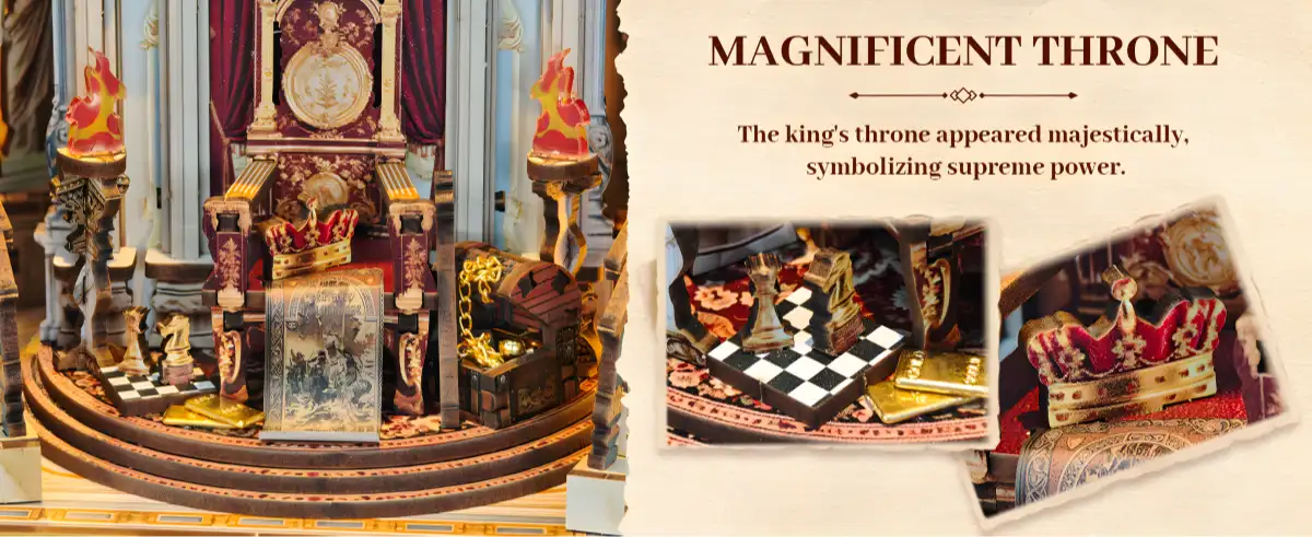 Magnificent throne, Vintage Palace DIY Book Nook, intricate miniature storytelling scene.