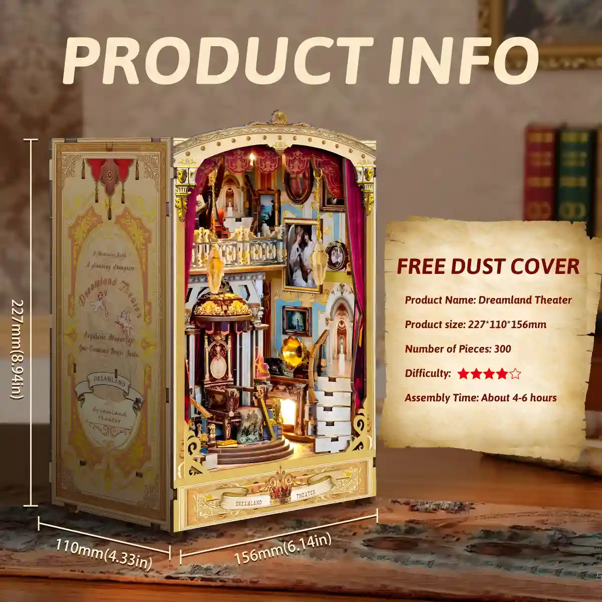 Dreamland Theater DIY Book Nook Kit dimensions, product info, free dust cover.