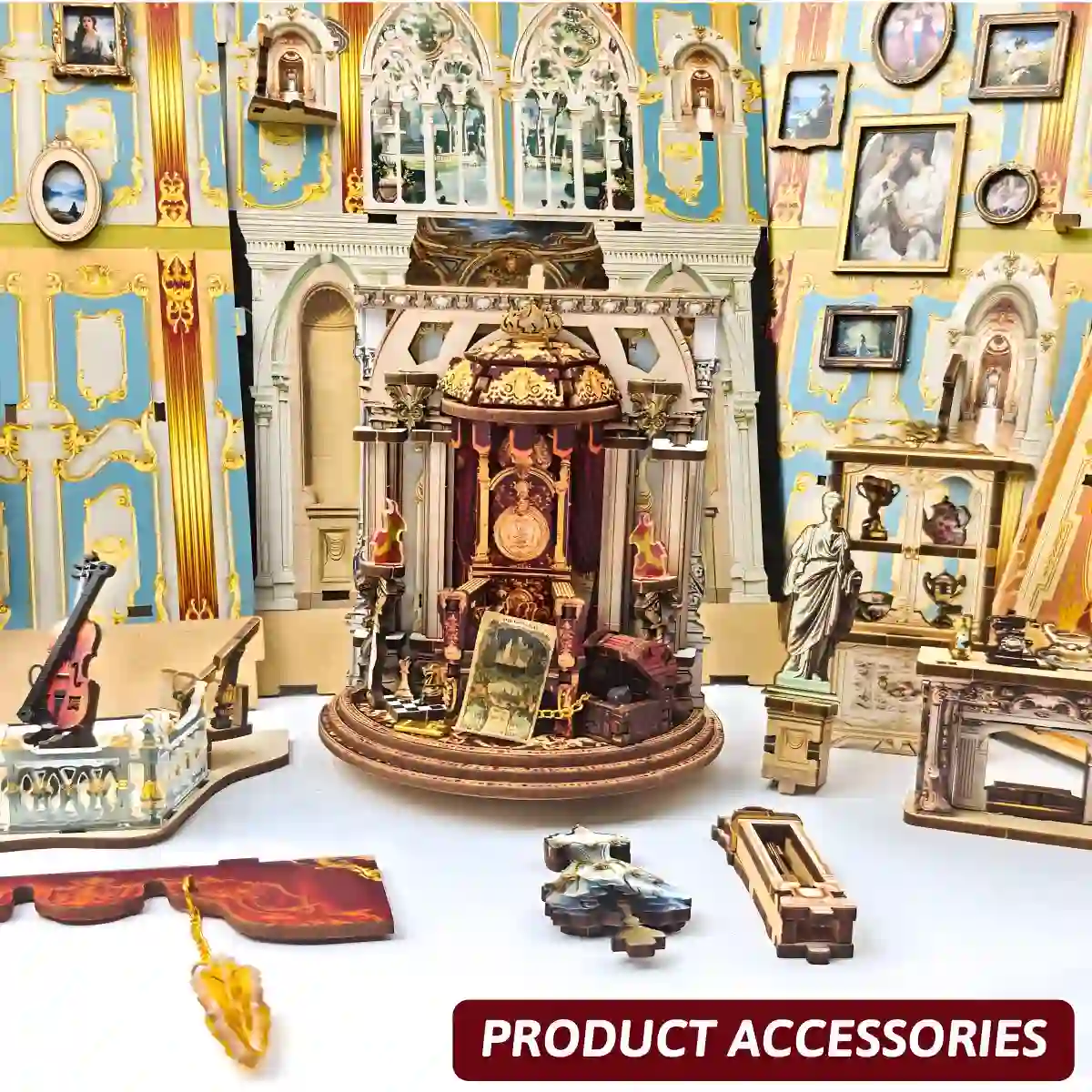 Dreamland Theater Book Nook Kit product accessories, work-in-progress parts display.