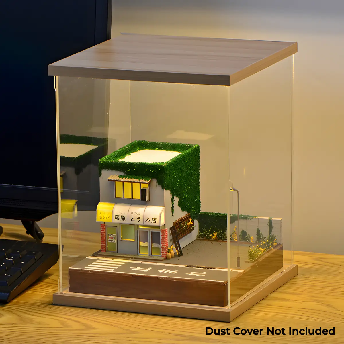 Fujiwara Tofu Shop Miniature House, acrylic dust cover display, lighted diorama.