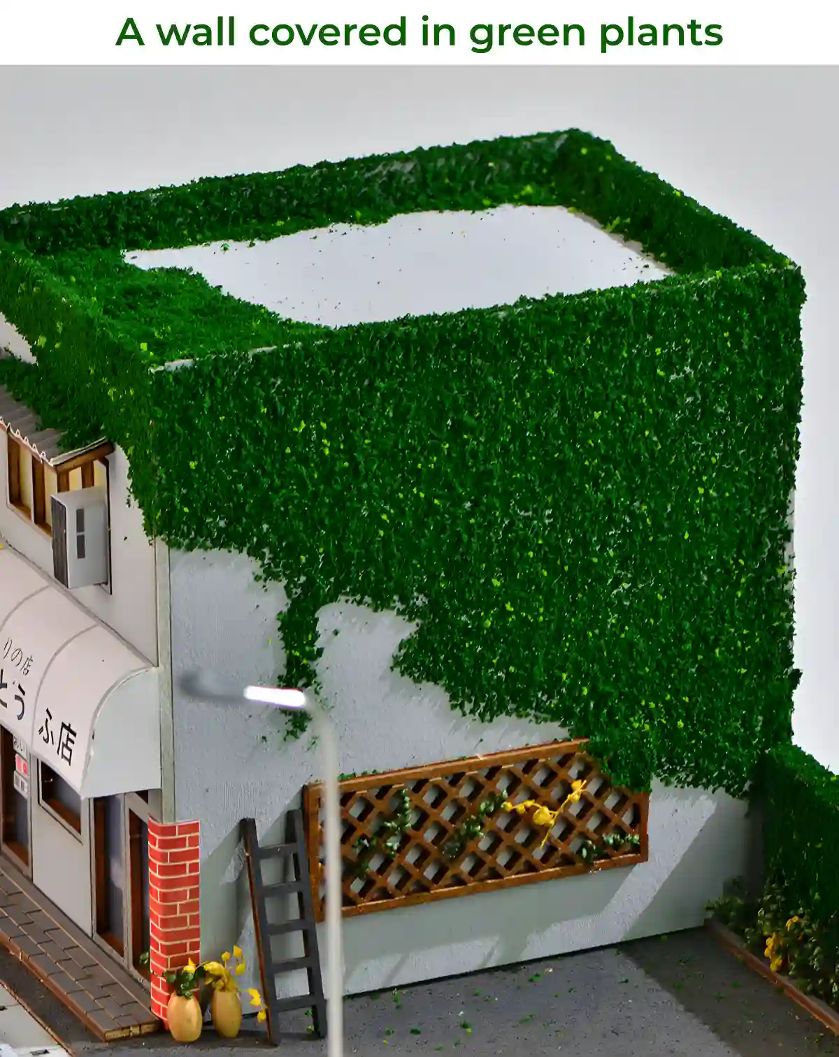 Fujiwara Tofu Shop Replica side wall, textured miniature green plants, ivy details.