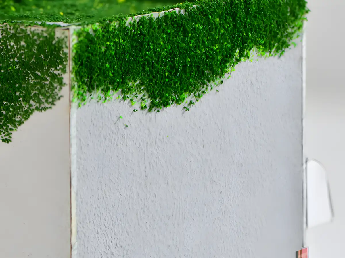 Fujiwara Tofu Shop Miniature House, dense miniature ivy texture, green wall close-up.