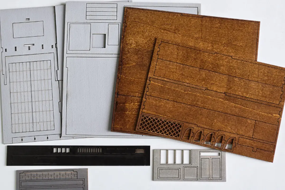 Fujiwara Tofu Shop DIY Miniature House Kit materials, pre-cut wooden pieces, laser etching.
