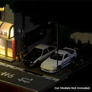 Night Fujiwara Tofu Shop Replica yard, parked authentic Initial D car models, street lamp.