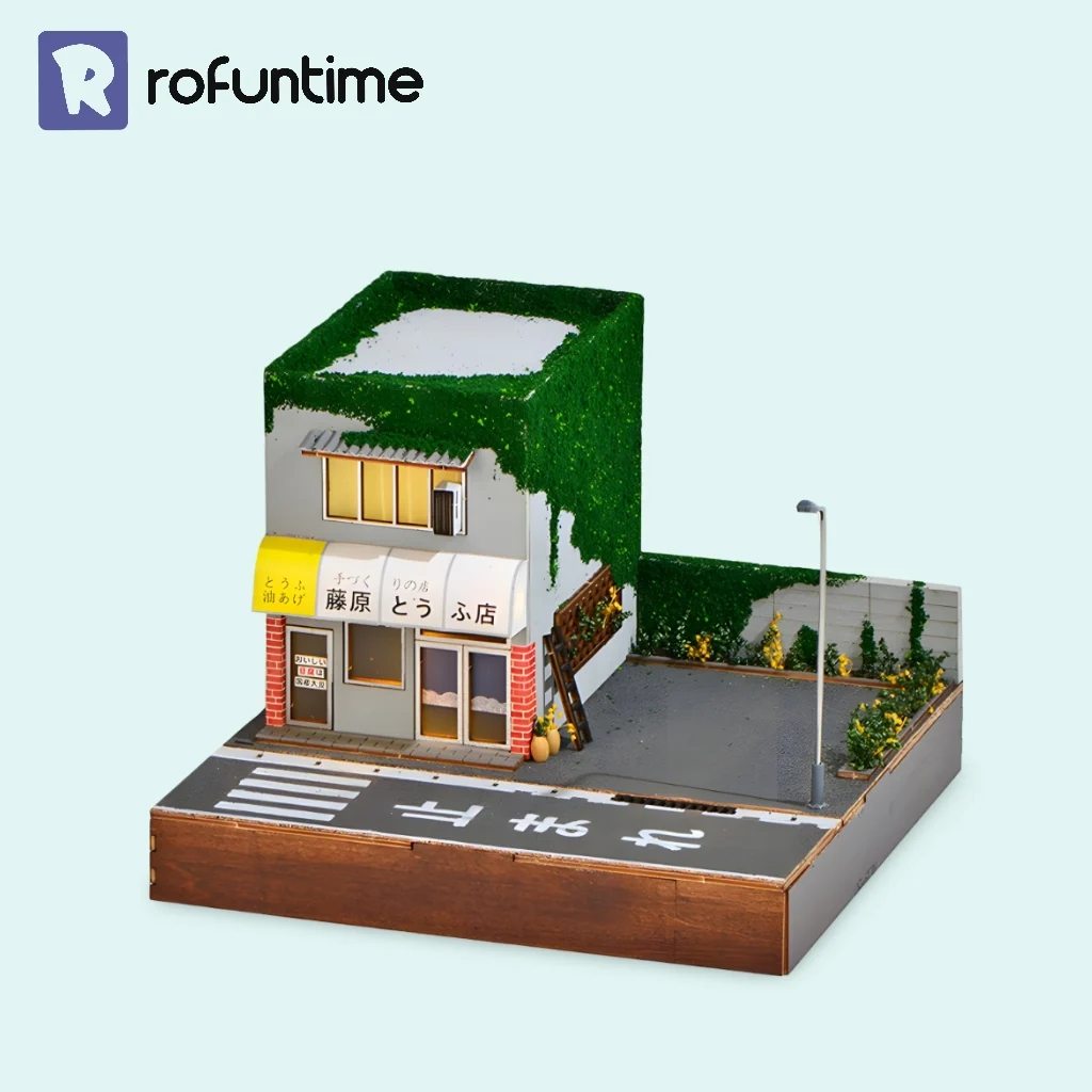 Rofuntime Fujiwara Tofu Shop DIY Miniature House Kit, full view, Japanese street aesthetics.