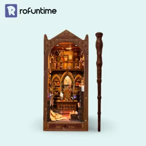 The completed Magic Office DIY Book Nook Kit with an accompanying wooden magic wand.