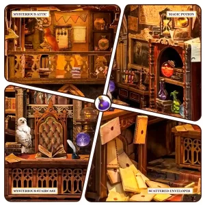 Detailed internal shots of the Magical workspace: Mysterious Attic, Magic Potion lab, owl on Mysterious Staircase, Scattered Envelopes.