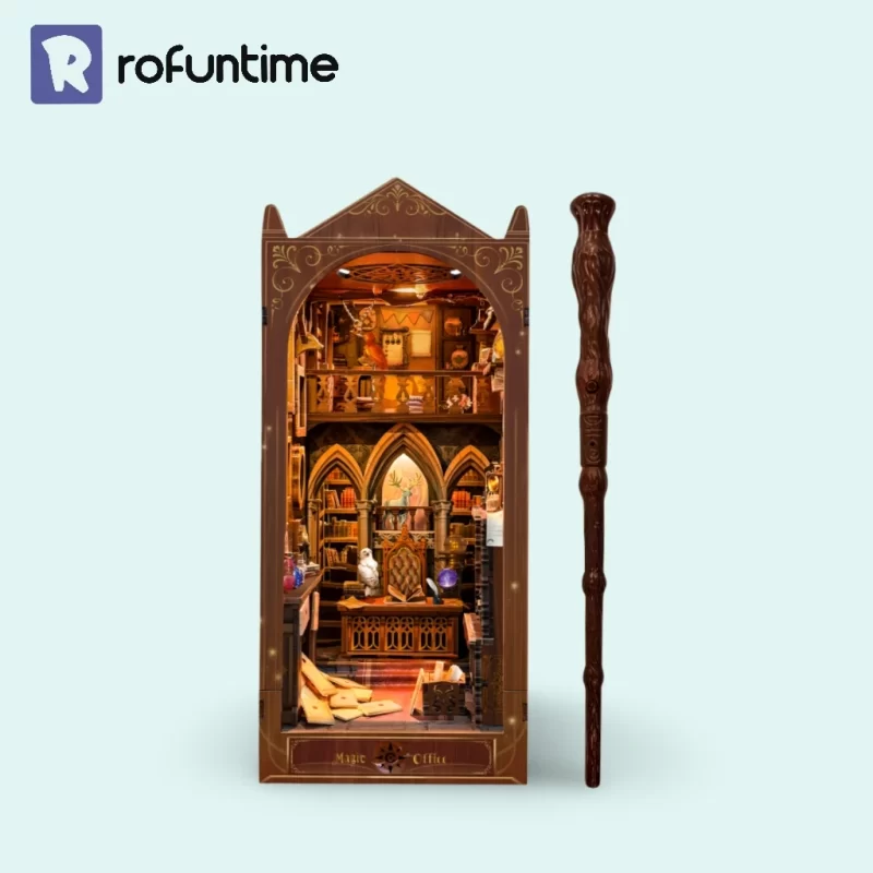 The completed Magic Office DIY Book Nook Kit with an accompanying wooden magic wand.