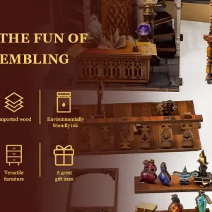 Magic Office DIY Book Nook Kit parts: imported wood, handmade, eco-friendly ink, stress-relief toy.