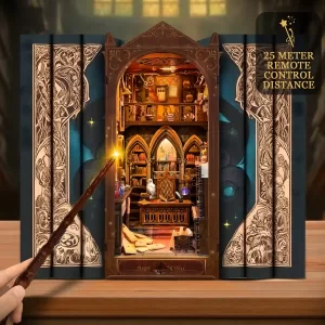 Magic Office book nook displayed on a bookshelf, remote-controlled lighting using the magic wand.