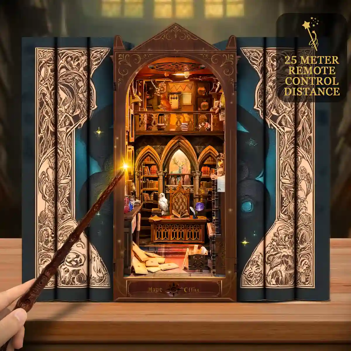 Magic Office book nook displayed on a bookshelf, remote-controlled lighting using the magic wand.