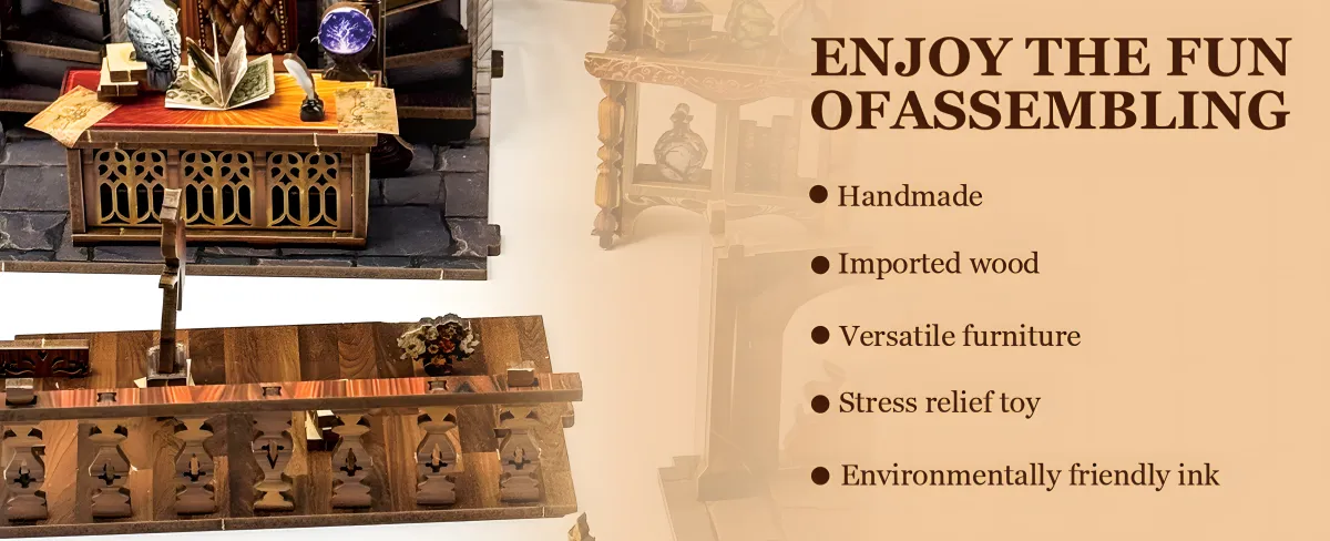 Close-up details of the Magical workspace assembly: Handmade, imported wood, stress-relief toy features.