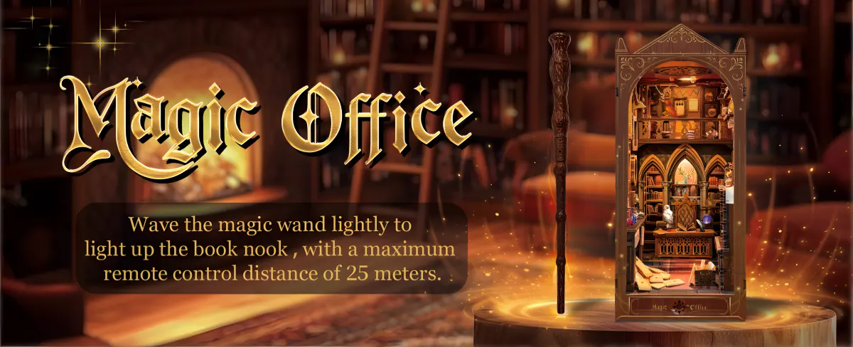 Magic Office book nook: Wave the wand to light up the Magical workspace, 25 meters control distance.