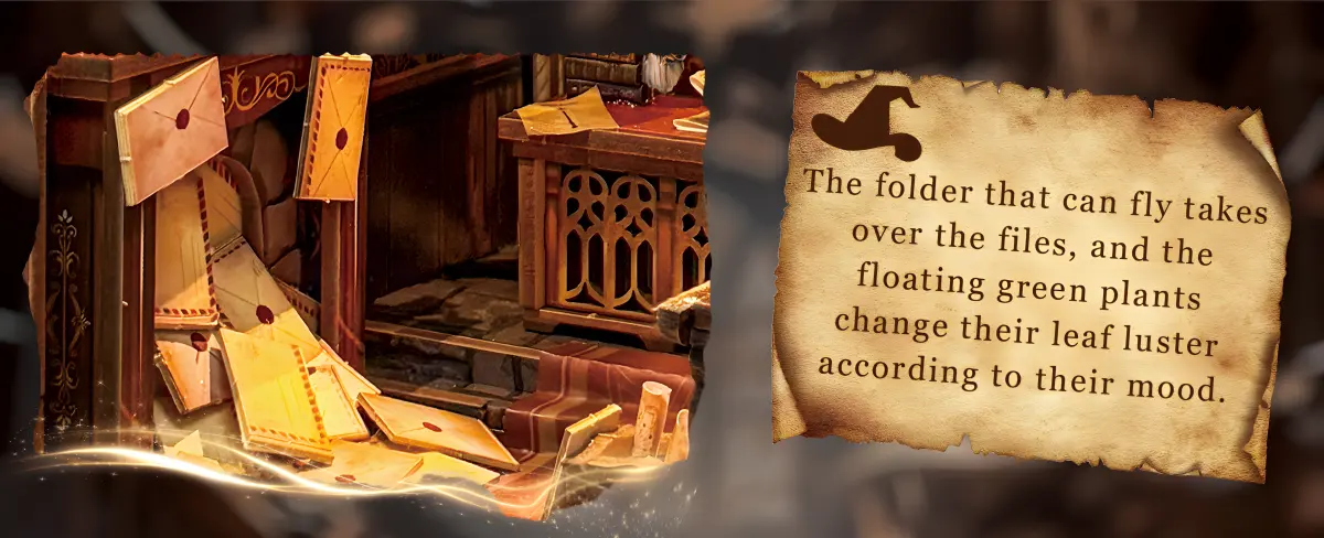 Flying folders and scattered letters in the Enchanted office scene, with mystical floating plants.