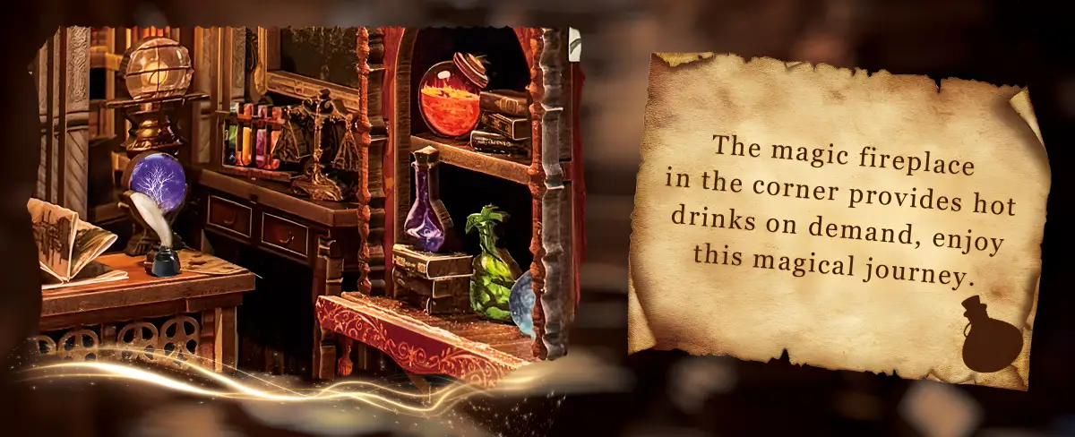 Detail of the Magical workspace shelf with potions and the magic fireplace for hot drinks.