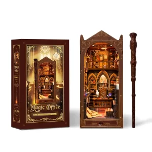 Product box for the Magic Office DIY Book Nook Kit, showing the finished model and wand.