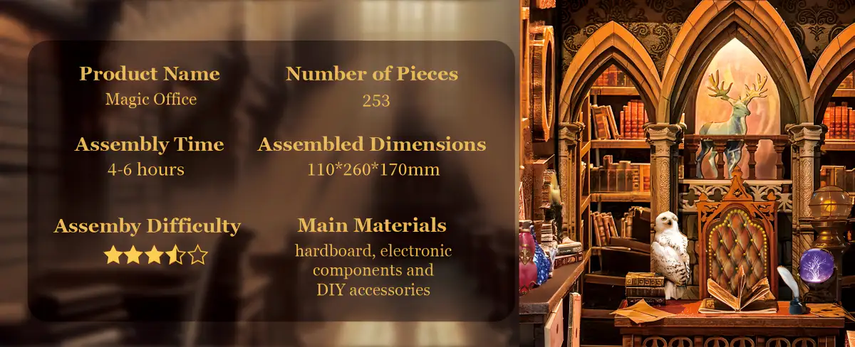 Magic Office DIY Book Nook Kit product details: 253 pieces, 4-6 hours assembly, medium difficulty.