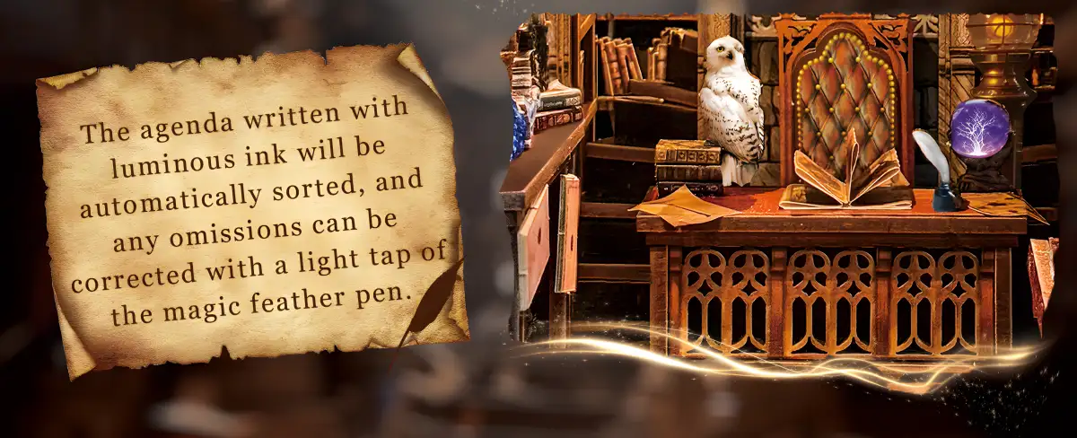 Detail of the Mysterious office desk: owl, open book, and magic feather pen for sorting agendas.
